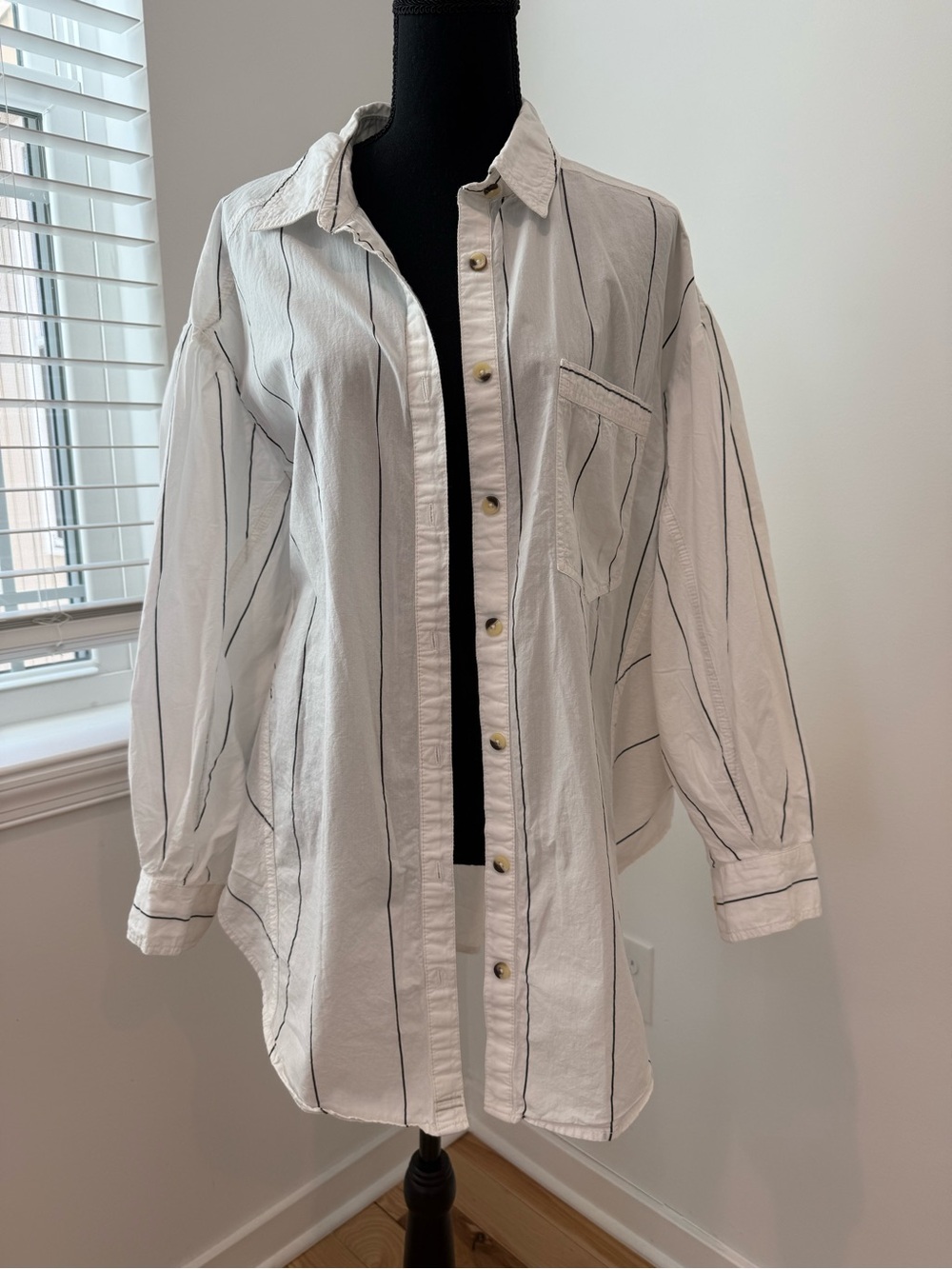 Free People We The Free White Pinstripe Oversized Button-Down Shirt | Large